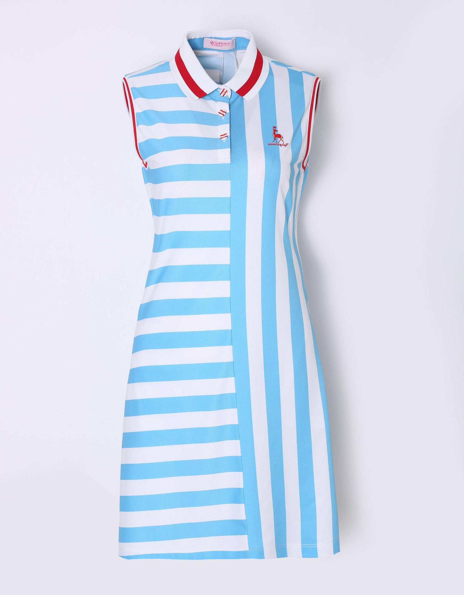 red blue and white striped dress