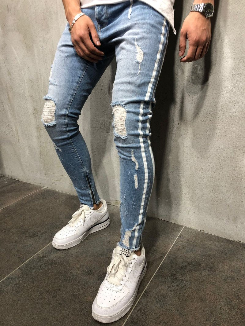 side stripe ripped jeans