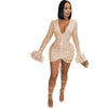 Elegant Ruched Feather Patchwork Deep V-Neck Sequin Bodycon Dress - XoKool