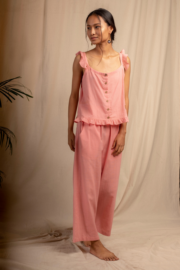 Sui | ROSA embroidered, herbal-dyed handwoven organic cotton strappy top with ruffle details from Granita Summer Collection 2019