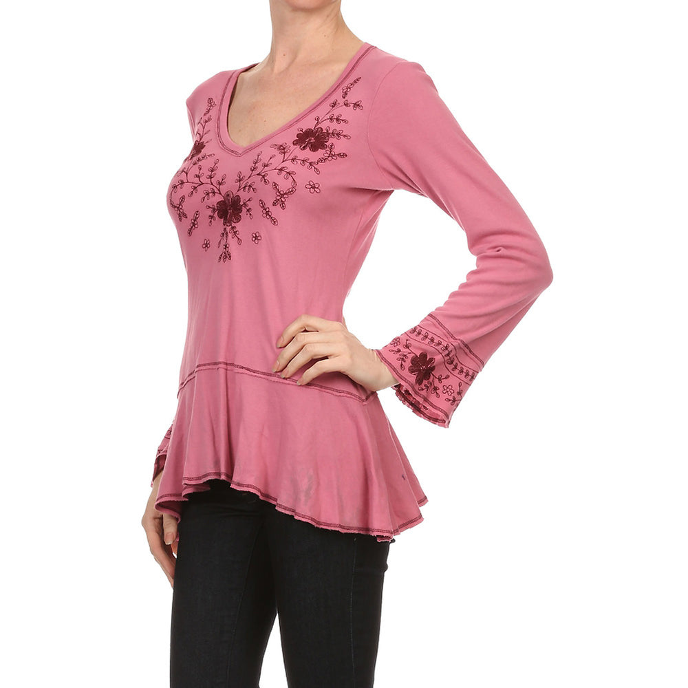 Women's Embroidered Long Sleeve V-neck Top #10306 - IDI Clothing - Where you can buy directly for the designer manufacturer-Made In USA :)