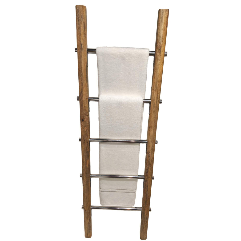 Wooden Farmhouse Blanket Towel Ladder Rack With Stainless Steel Rungs