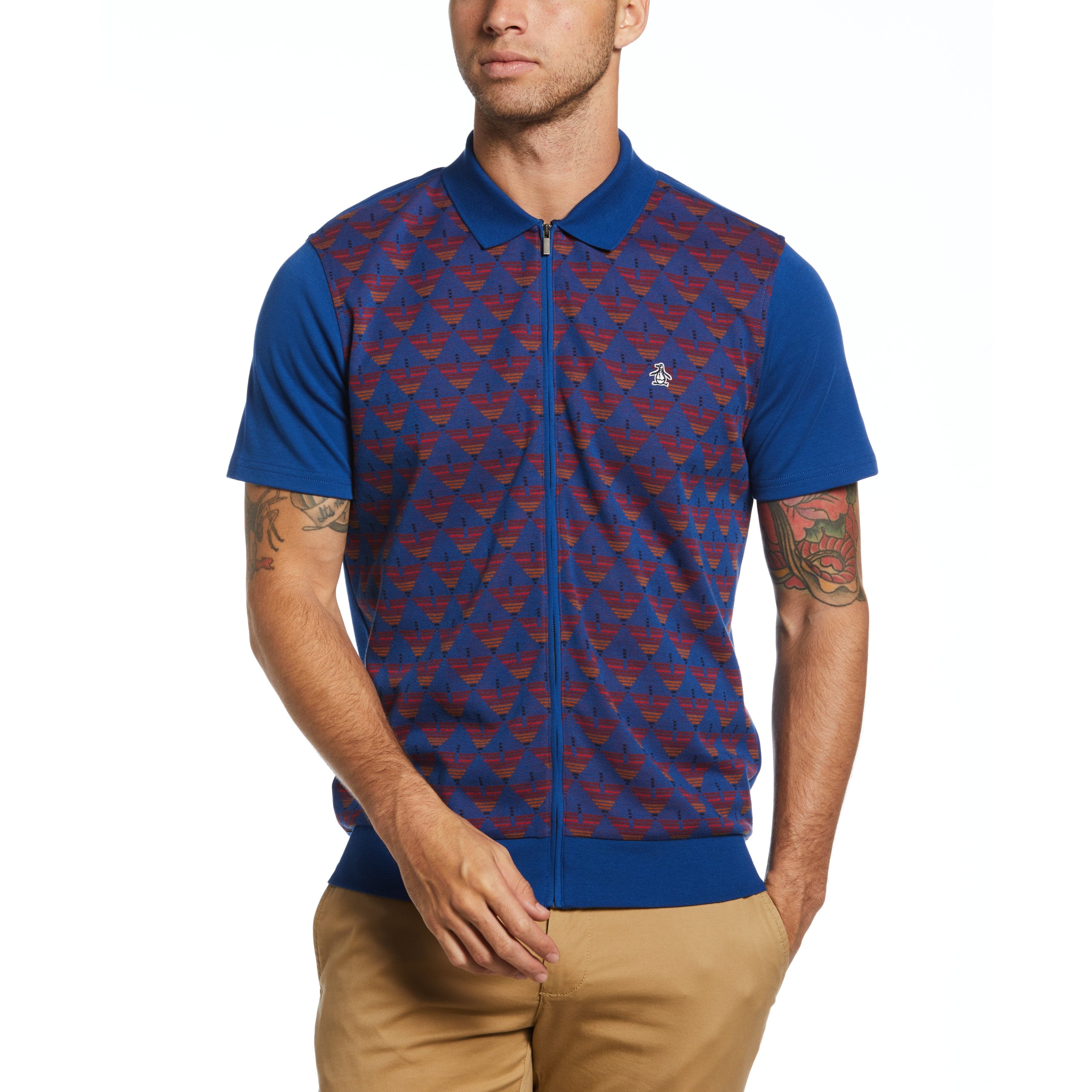 Jersey polo shirt with geometric jacquard motif