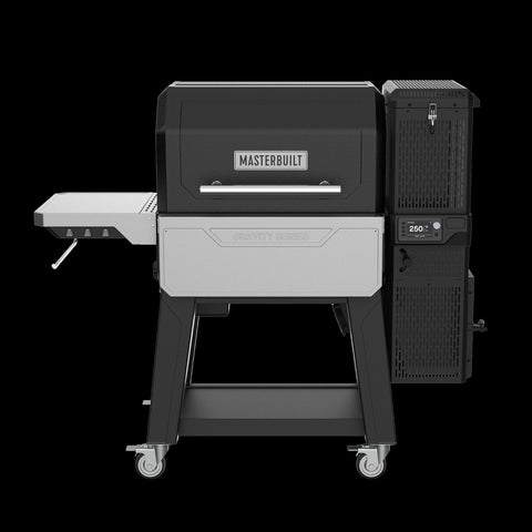 Gravity Series XT Grill + Smoker, black with grey side shelf and grey folding front shelf shown folded down. Charcoal hopper is on the right with the control panel between upper and lower hoppers. The grill is on a cart with 4 casters.