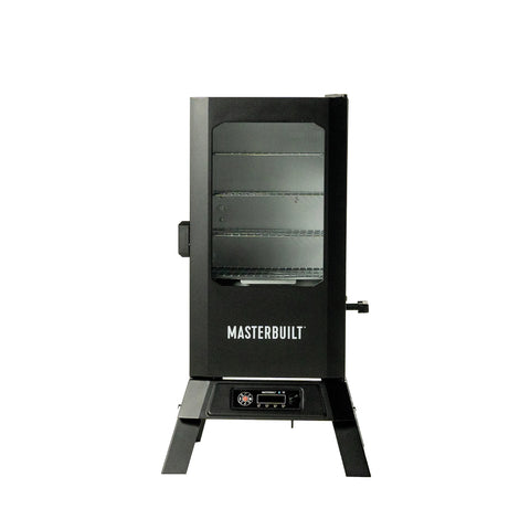 Masterbuilt 710 WiFi Digital Smoker on legs. Black with a window in the door. Door latches on left. Patented side wood chip loader is on the right. The control panel sits between the legs below the smoker.