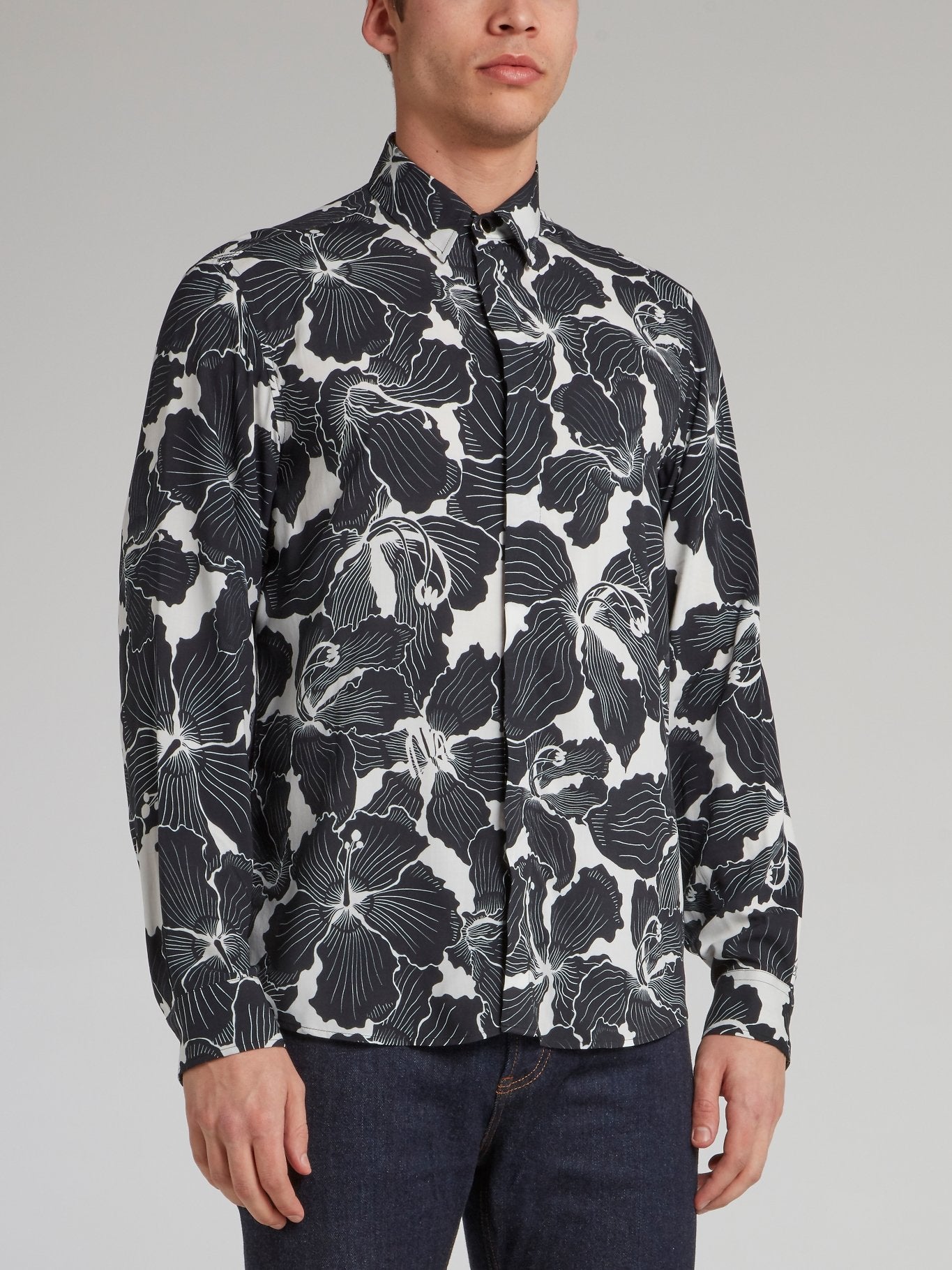 gold hibiscus print long sleeve shirt