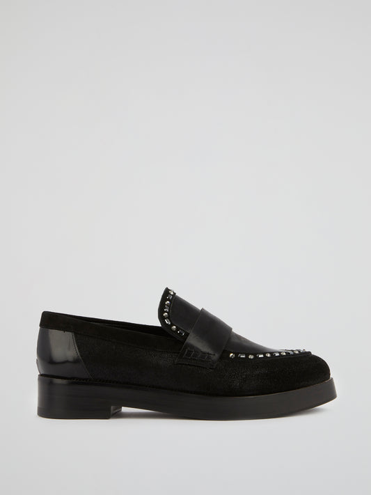 Black Crystal Leather Loafers