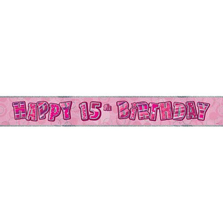 Birthday Glitz Pink 15 Prismatic Banner 27m