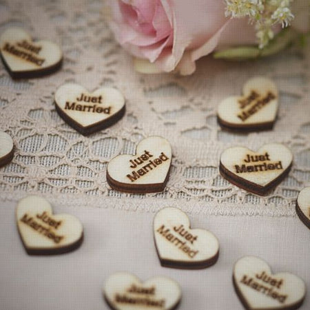 Click to view product details and reviews for Vintage Affair Heart Wood Confetti Just Married 25cm Pack Of 25 Chips.