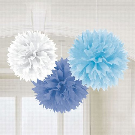 Blue Fluffy Tissue Decorations 40cm Pack Of 3