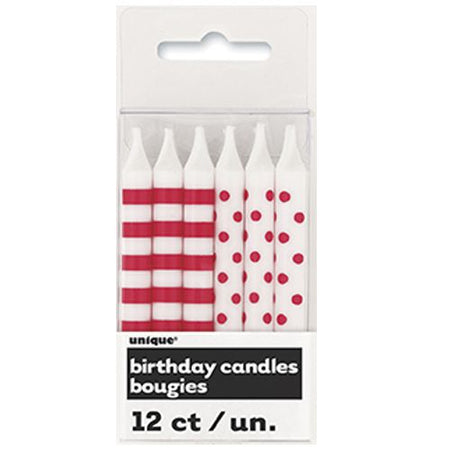 Ruby Red Stripes And Dots Birthday Candles Pack Of 12