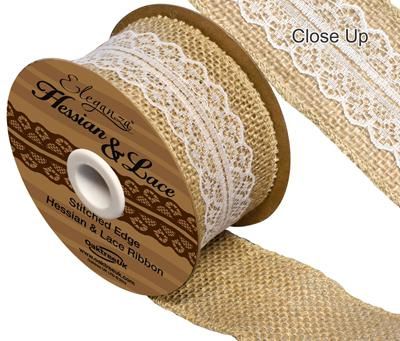 Hessian And White Lace Ribbon 50mm Wide X 45m