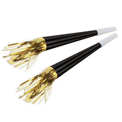 Click to view product details and reviews for Black Foil Horns With Golden Tassels 9 Each.