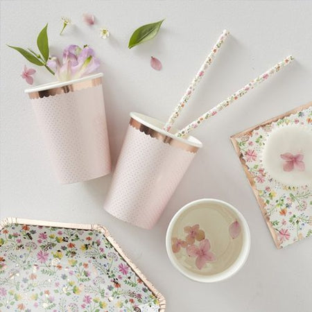 Click to view product details and reviews for Rose Gold Foiled Polka Dot Paper Cups Ditsy Floral Pack Of 8.
