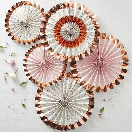 Rose Gold Foiled Floral Fan Decorations Ditsy Floral Pack Of 5