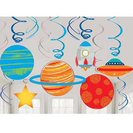 Blast Off Birthday Swirl Decorations Pack Of 12