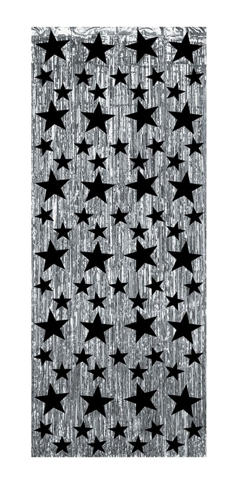 Click to view product details and reviews for Silver With Black Stars Shimmer Curtain 244m.