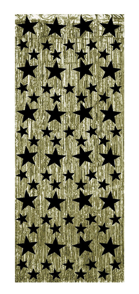Click to view product details and reviews for Gold With Black Stars Shimmer Curtain 244m.