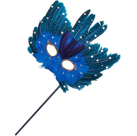 Blue Green Feather Mask On A Stick