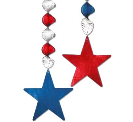 Click to view product details and reviews for Red Silver Blue Star Danglers 76cm Pack Of 2.