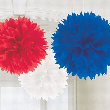 Red White And Blue Fluffy Tissue Pom Poms 40cm Pack Of 3