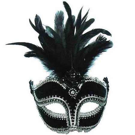 Click to view product details and reviews for Black Velvet Eye Mask With Tall Feathers.