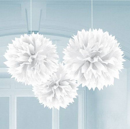 White Fluffy Paper Decorations 40cm Pack Of 3