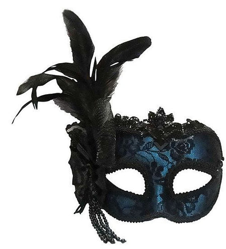 Click to view product details and reviews for Turquoise Blue Mask With Side Feather On Headband.