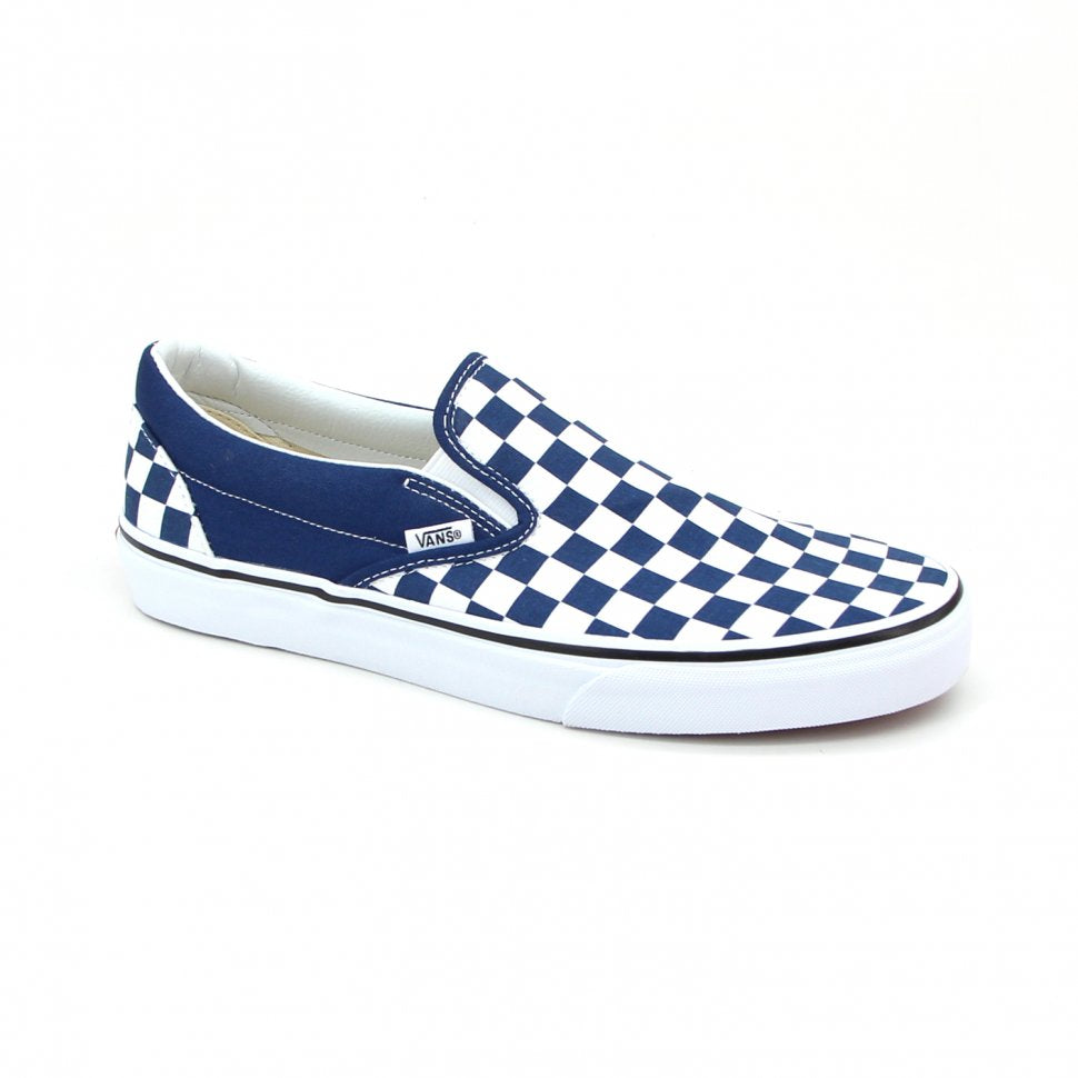 blue and white checkered vans slip on