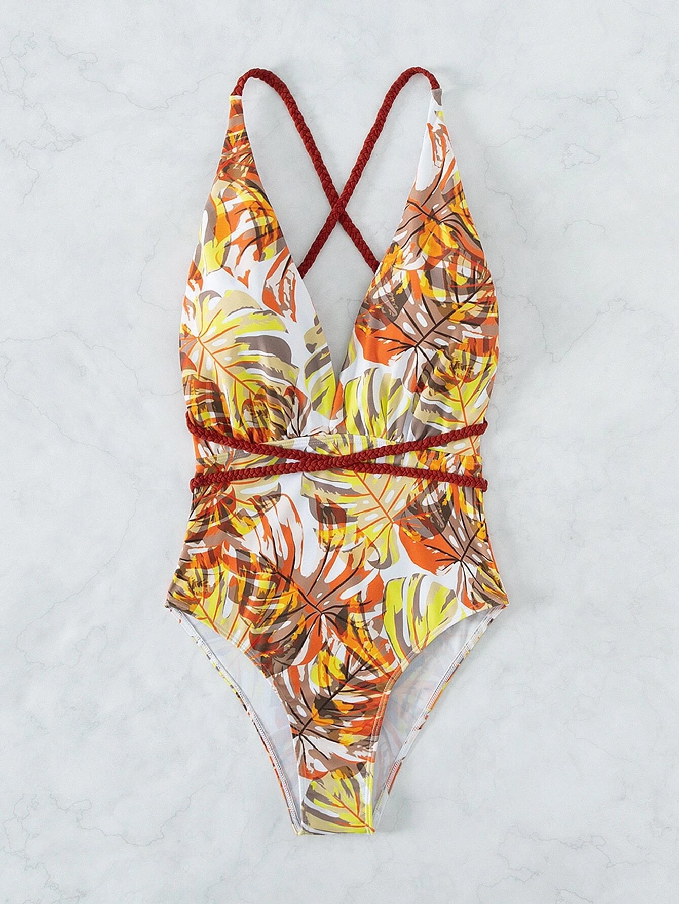Plunge Tropical Braided Lace Up Swimsuit
