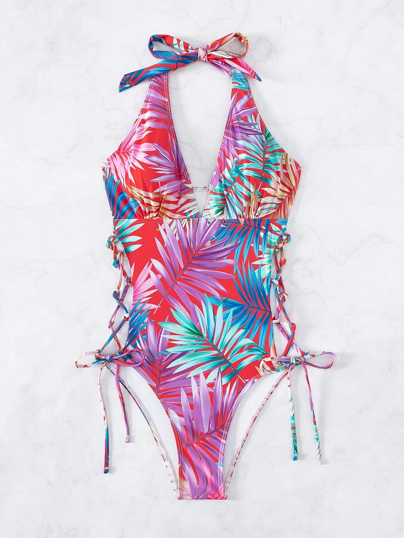 Leafy Burst Lace-up Side Halter One Piece