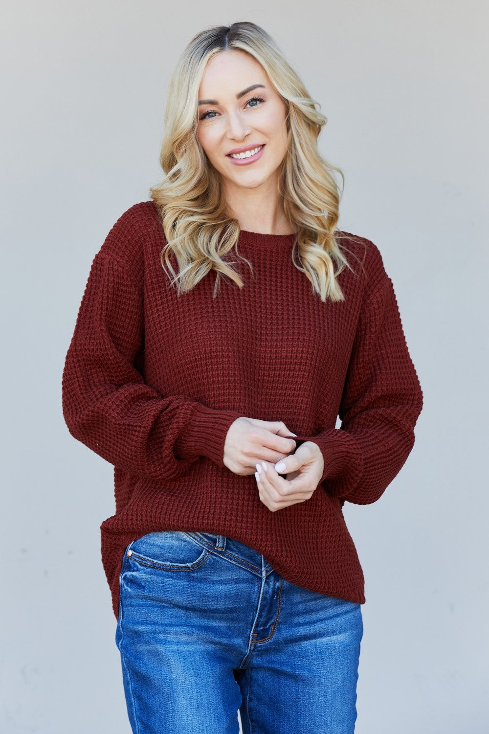 Autumn is Calling Waffle Knit Sweater in Dark Rust