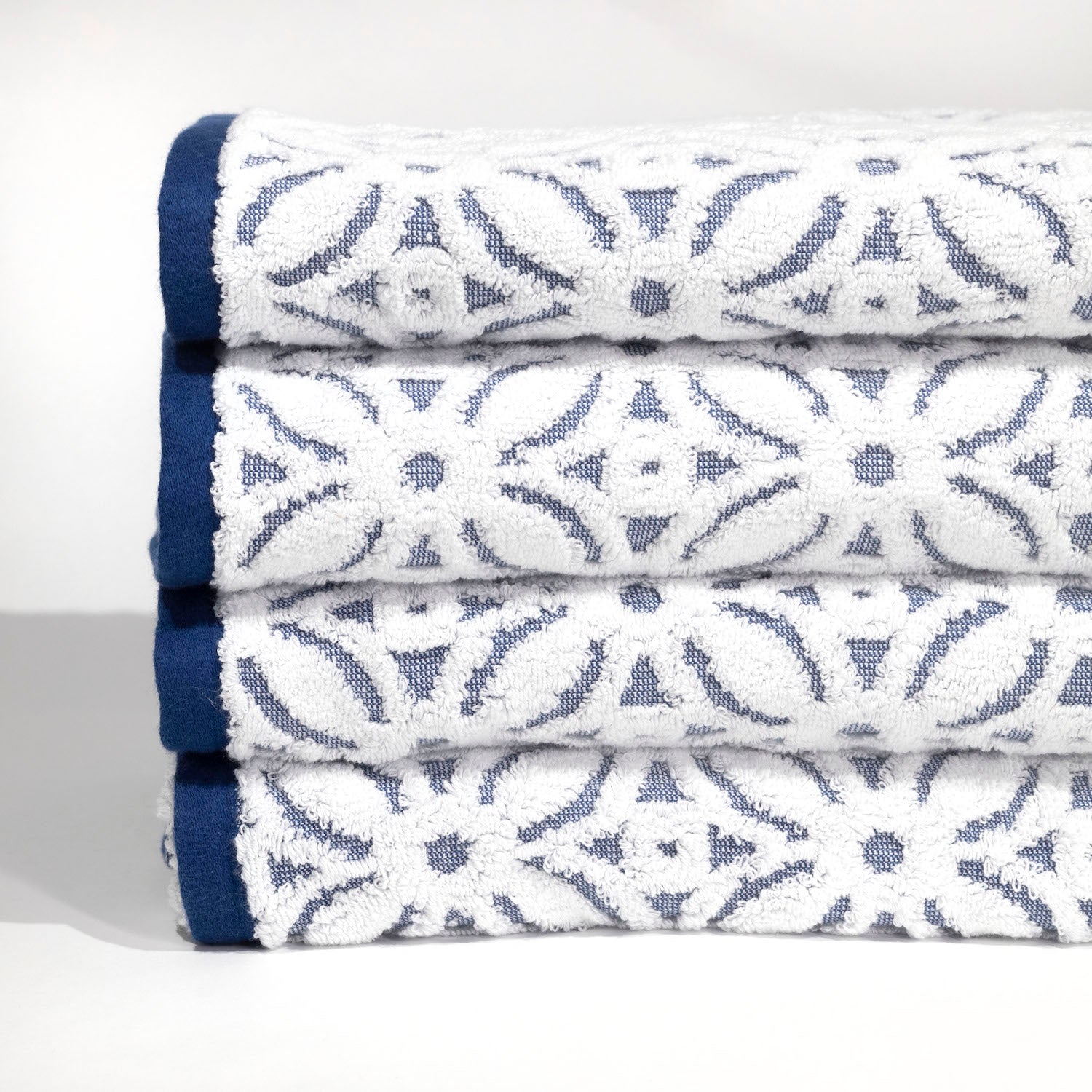 navy blue patterned bath towels