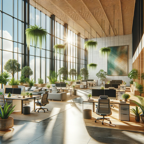 Large office with natural light and green plants