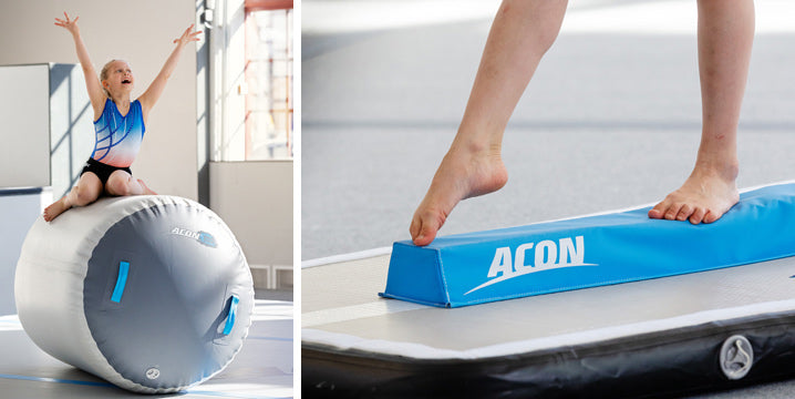 Double picture: Jolly gymnast girl on Acon airroll and a gym step on the Acon gymnastic beam