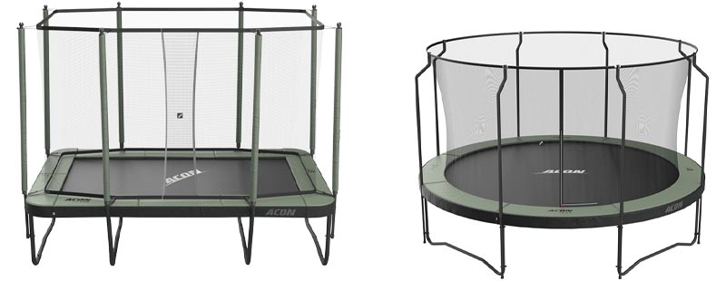 A rectangular and a round Acon trampoline with safety enclosure net