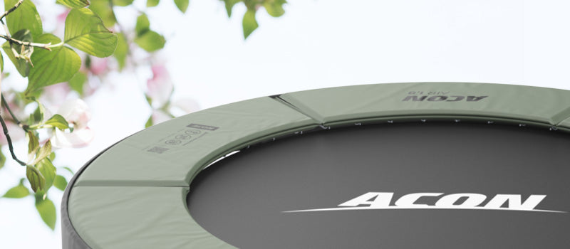 Trampoline at spring time with leaves and flowers of the tree on the left corner