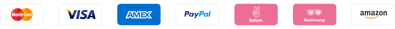 Akzeptierte Zahlungsarten sind PayPal, Kredikarten, Amazon Pay, Google Pay, Apple Pay, Klarna