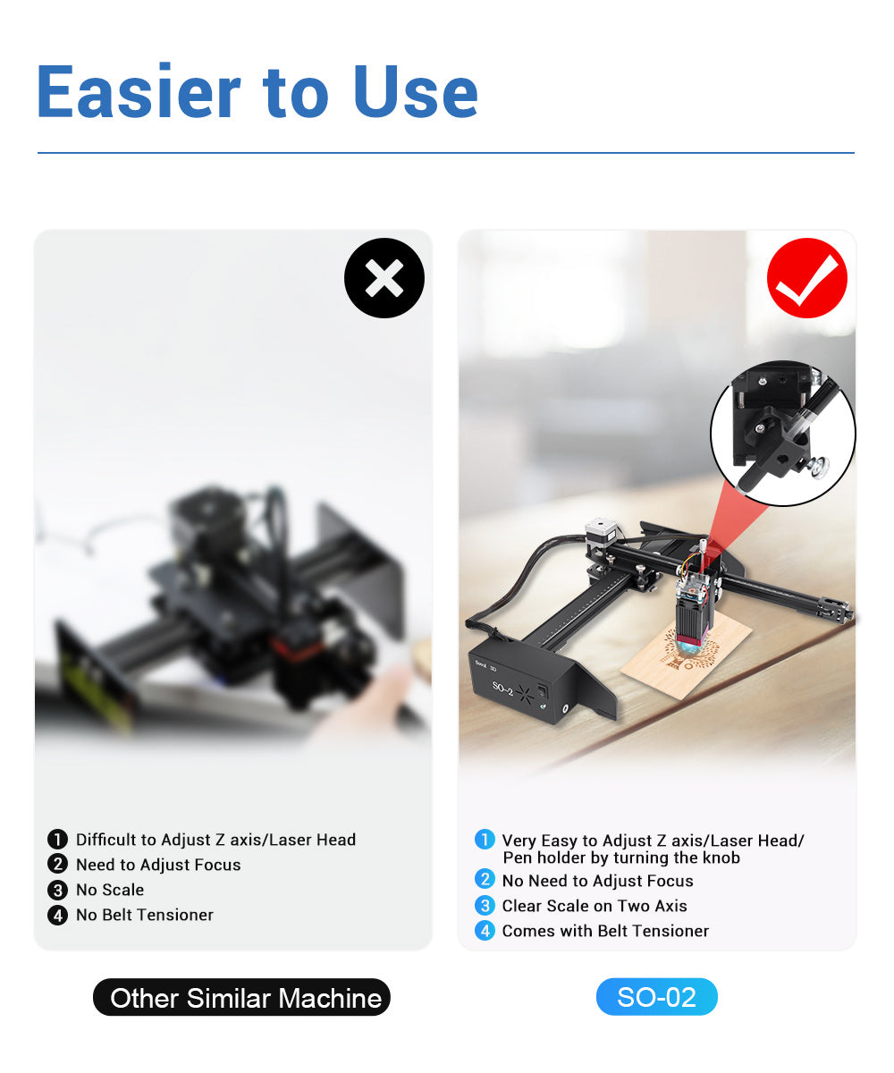 Sovol SO-2 Very Easy to Adjust Z axis/Laser Head/Pen holder by turning the knob  2.No Need to Adjust Focus 3. Clear Scale on Two Axis 4. Comes with Belt Tensione