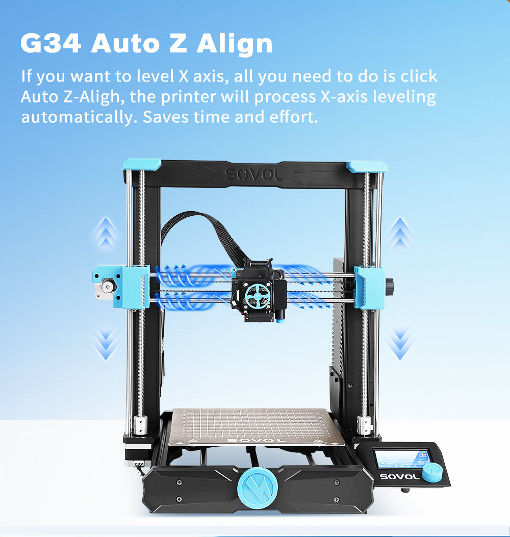 6.G34 auto Z align If you want to level X axis, all you need to do is click Auto Z-Aligh, the printer will process X-axis leveling automatically. Saves time and effort.
