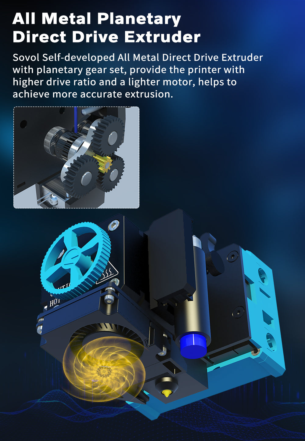 All Metal Planetary Direct Drive Extruder Sovol Self-developed All Metal Direct Drive Extruder with planetary gear set, provide the printer with higher drive ratio and a lighter motor, helps to achieve more accurate extrusion.