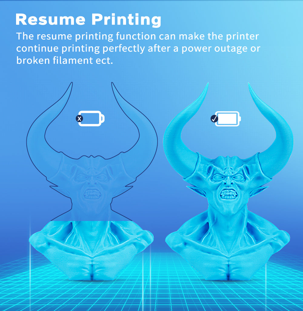 9.Resume Printing The resume printing function can make the printer continue printing perfectly after a power outage or broken filament ect.