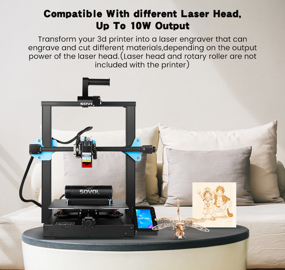 SV01 Pro laser 3d printer, you can transform your 3d printer into a laser engraver that can engrave and cut different materials depending on the output power of the laser head.(Laser head and rotary roller are not included with the printer)