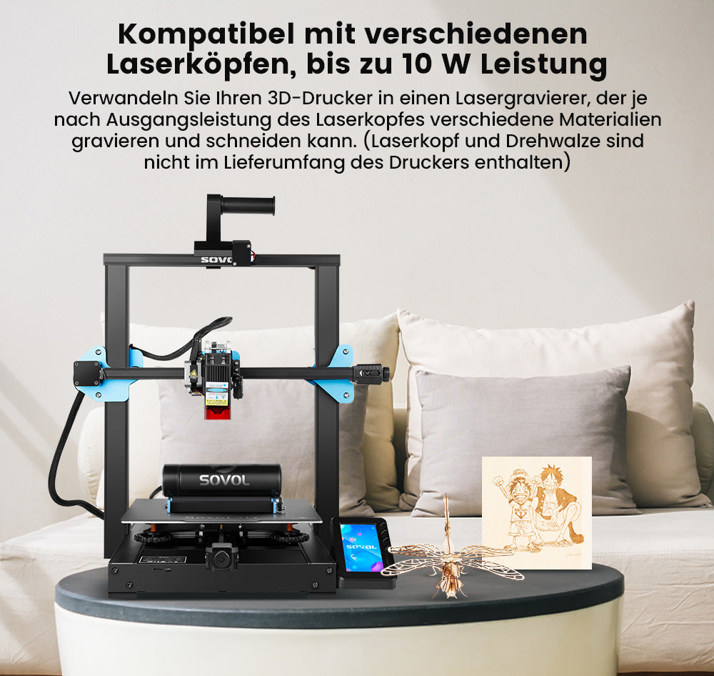 SV01 Pro 3D-Laserdrucker können Sie Ihren 3D-Drucker in einen Lasergravierer verwandeln, der je nach Ausgangsleistung des Laserkopfes verschiedene Materialien gravieren und schneiden kann. (Laserkopf und Rotationswalze sind nicht im Lieferumfang des Druckers enthalten)