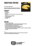 An image of a recipe card download for cheesy beef Frittata