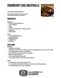 An image of the recipe card for crockpot cranberry chili meatballs