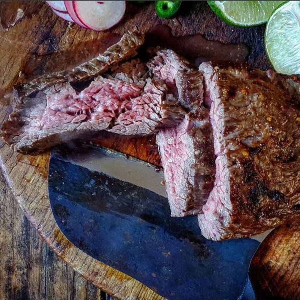 Sliced Felton Angus Beef flap steak for carne asada tacos