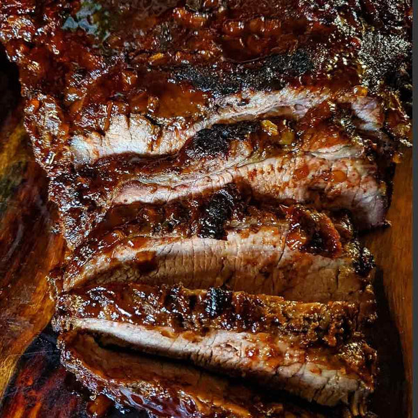 A close up photo of a Felton Angus Beef bbq oven brisket flat.