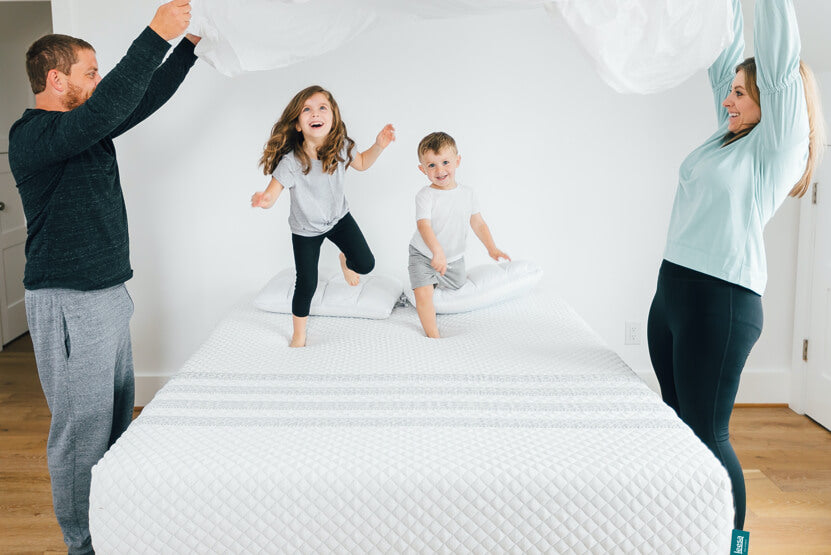 kids jumping on leesa hybrid mattress