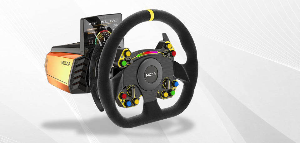 Moza Racing Alacantara RS racing wheel with forged carbon fiber wheel panel and shifter paddles